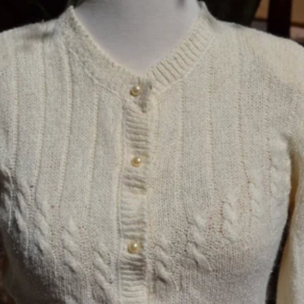 Vintage Cream Cable Knit Cardigan with Pearls
